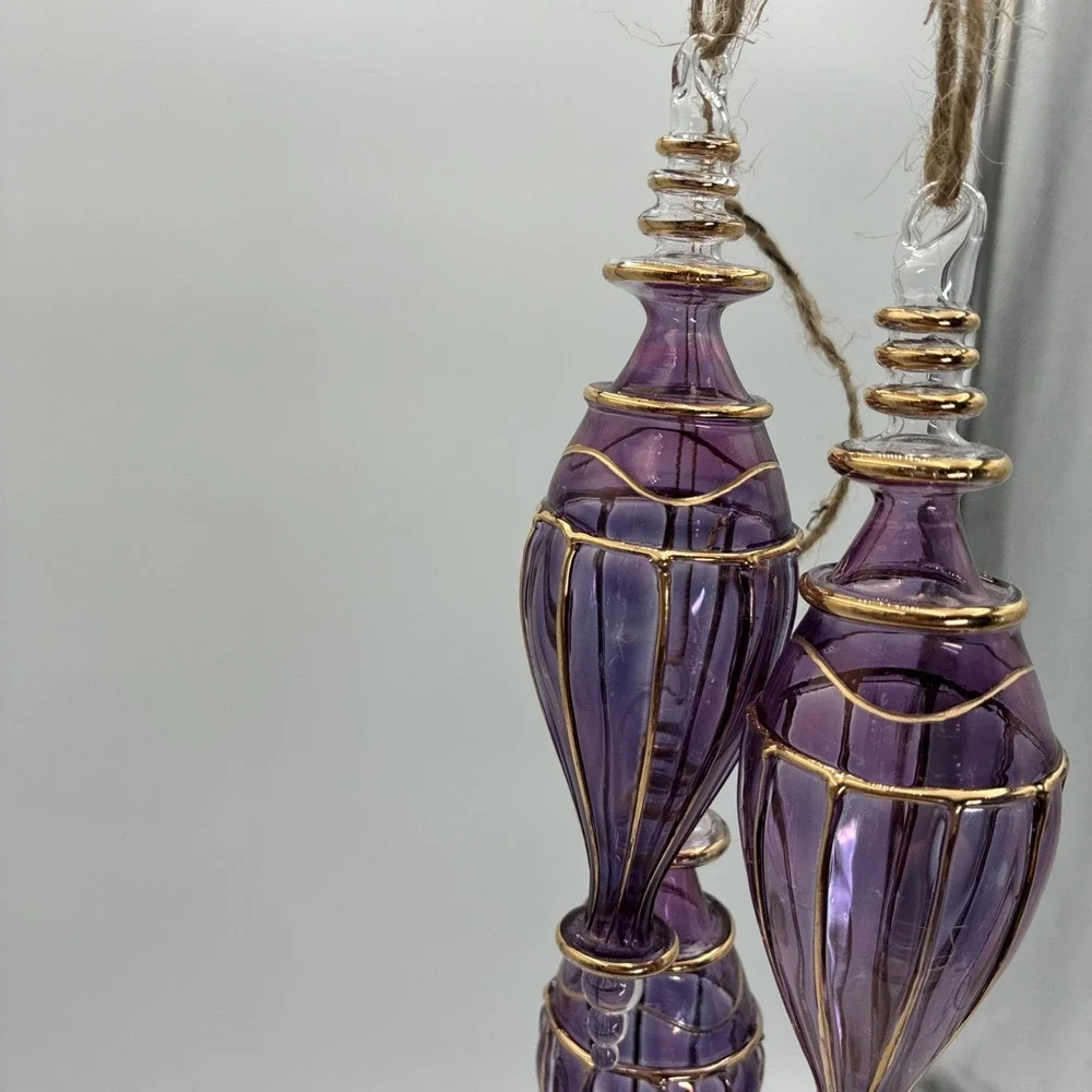 Purple Hand Blown Glass Ornaments Gold Filigree Teardrop Finial Set of 3 6